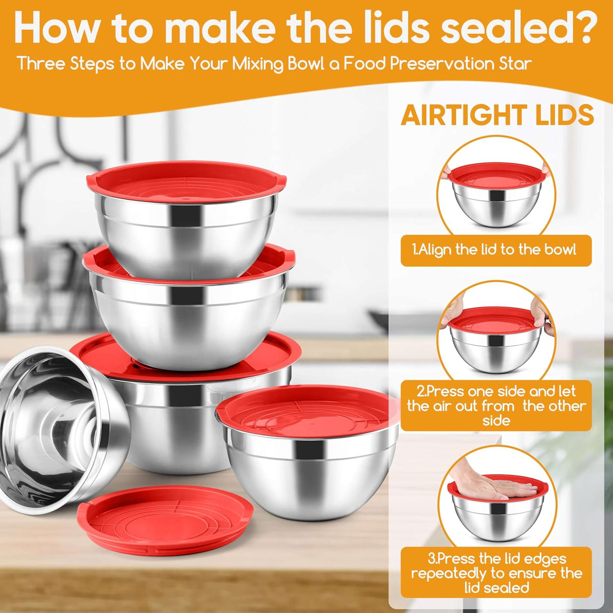 5-Piece Mixing Bowls with Airtight Clear Lids, 3 Grater Attachments, Stainless Steel Salad Bowls for Kitchen, Size 4.6, 3.5, 2.5, 2, 1.5QT Ideal for Baking, Prepping and Serving, Khaki