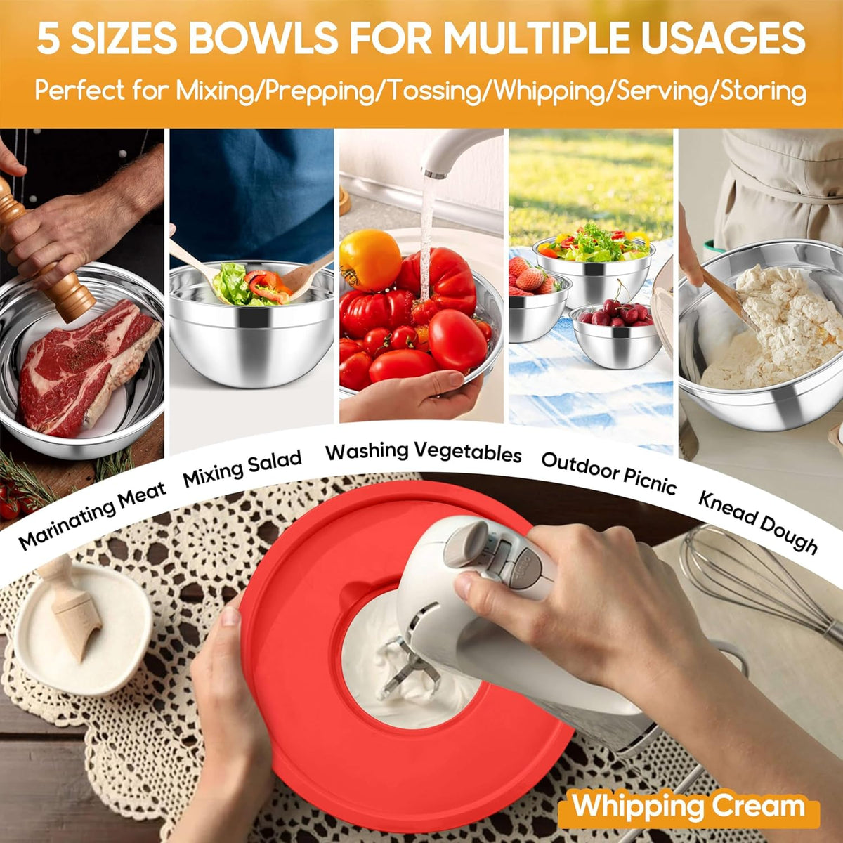 5-Piece Mixing Bowls with Airtight Clear Lids, 3 Grater Attachments, Stainless Steel Salad Bowls for Kitchen, Size 4.6, 3.5, 2.5, 2, 1.5QT Ideal for Baking, Prepping and Serving, Khaki
