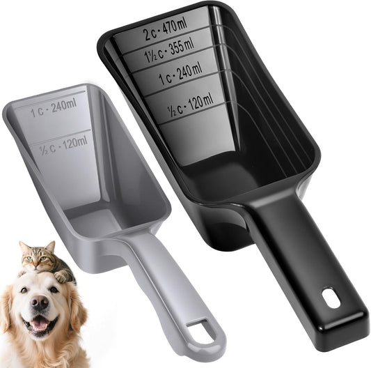 2 Pack Dog Food Scoop with 1 Cup and 2 Cup Capacity, Plastic Pet Food Measuring Scoops with Clear Measurement Lines for Dogs, Cats & More,Dishwasher safe (Grey and Black)