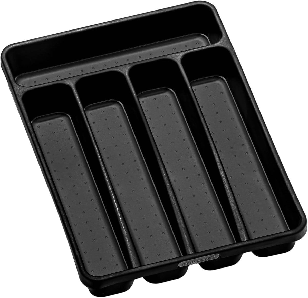 Classic 5 Compartment Compact Silverware Tray, Carbon | non slip feet, rounded corners, branded icons, soft grip lining, forks knives spoons, flatware sorting, woman owned