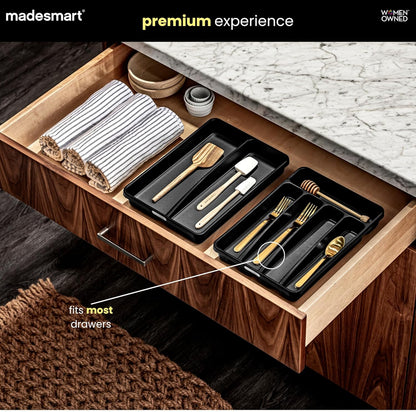 Classic 5 Compartment Compact Silverware Tray, Carbon | non slip feet, rounded corners, branded icons, soft grip lining, forks knives spoons, flatware sorting, woman owned