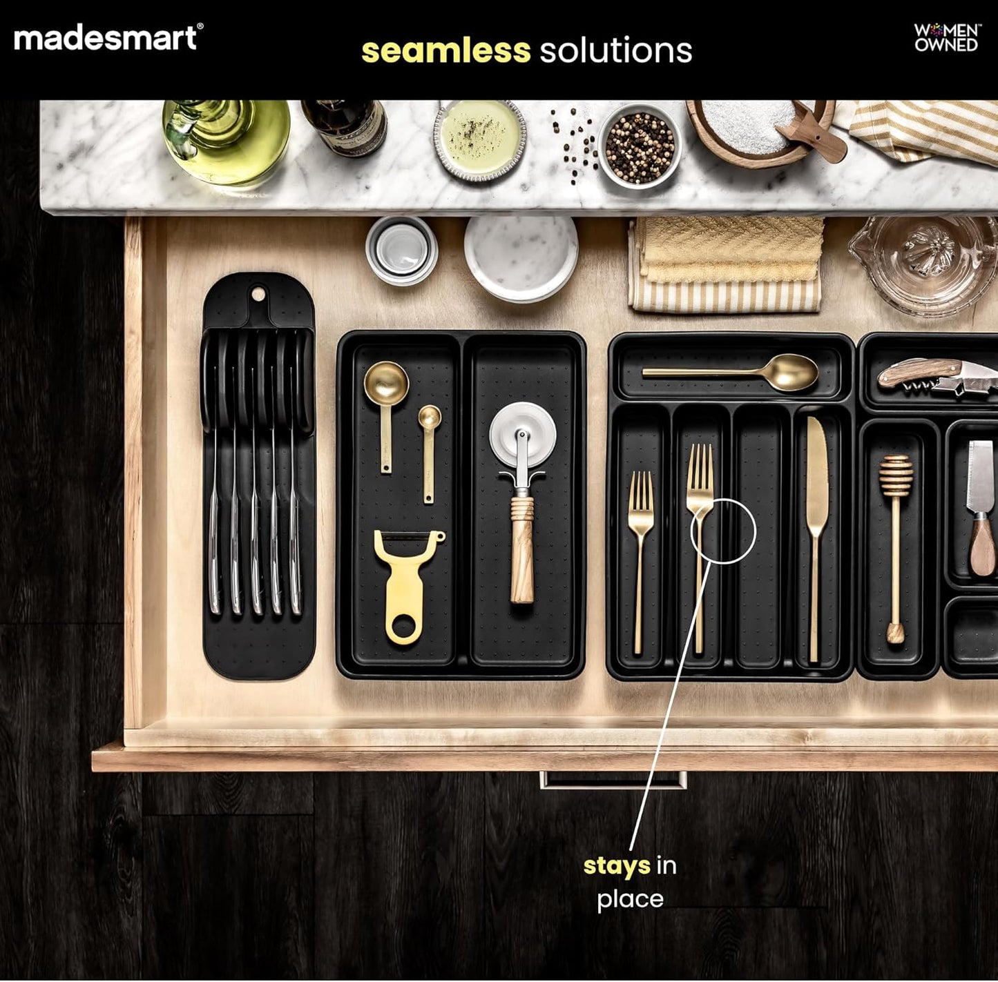 Classic 5 Compartment Compact Silverware Tray, Carbon | non slip feet, rounded corners, branded icons, soft grip lining, forks knives spoons, flatware sorting, woman owned