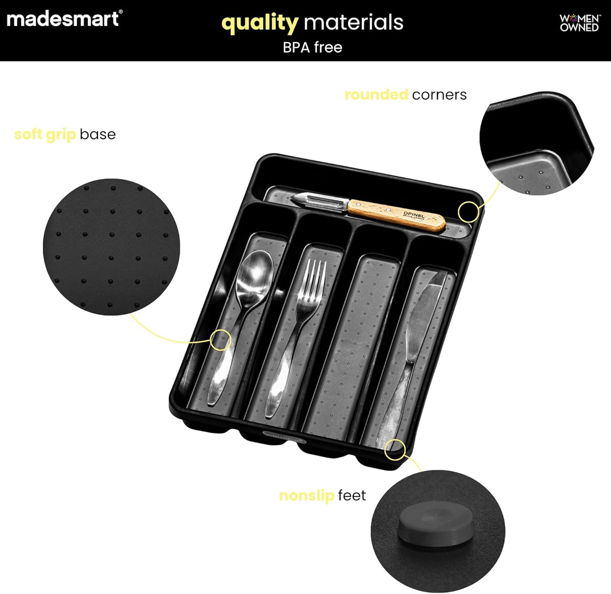 Classic 5 Compartment Compact Silverware Tray, Carbon | non slip feet, rounded corners, branded icons, soft grip lining, forks knives spoons, flatware sorting, woman owned