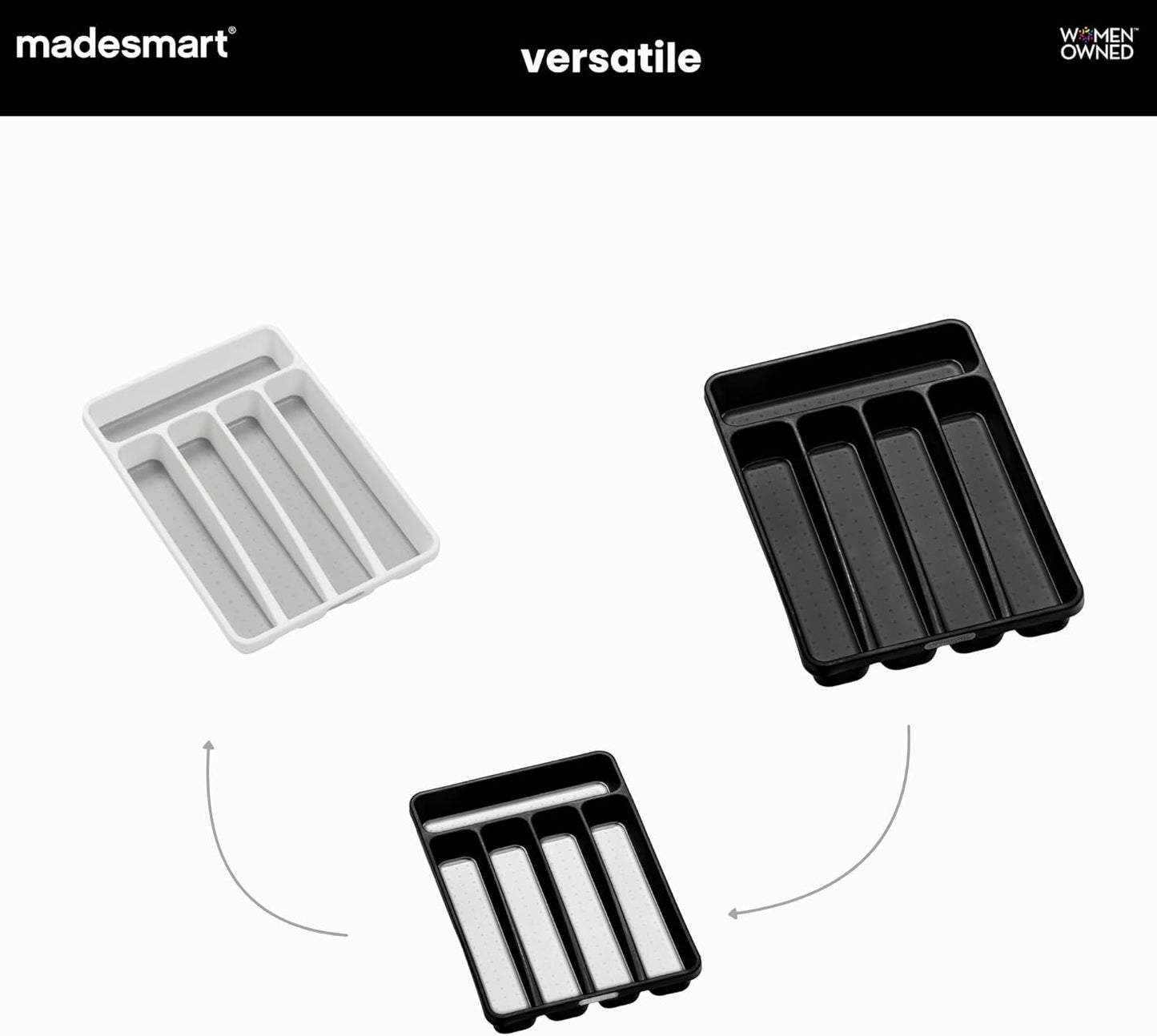 Classic 5 Compartment Compact Silverware Tray, Carbon | non slip feet, rounded corners, branded icons, soft grip lining, forks knives spoons, flatware sorting, woman owned