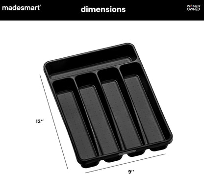 Classic 5 Compartment Compact Silverware Tray, Carbon | non slip feet, rounded corners, branded icons, soft grip lining, forks knives spoons, flatware sorting, woman owned