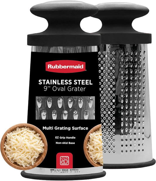 Stainless Steel Cheese Grater - 9.5" Oval Handheld Box Grater with EZ Grip Handle - Multi-Surface Food & Cheese Shredder | Zester & Graters for Kitchen - Dishwasher Safe, Black