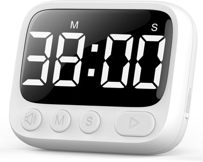 Shower Timer Waterproof Bathroom Toilet Timer Digital Kitchen for Wall Mount, Study w/Foldable Stand, Countdown Stopwatch w/Suction Cup for Swim, Rechargeable, White