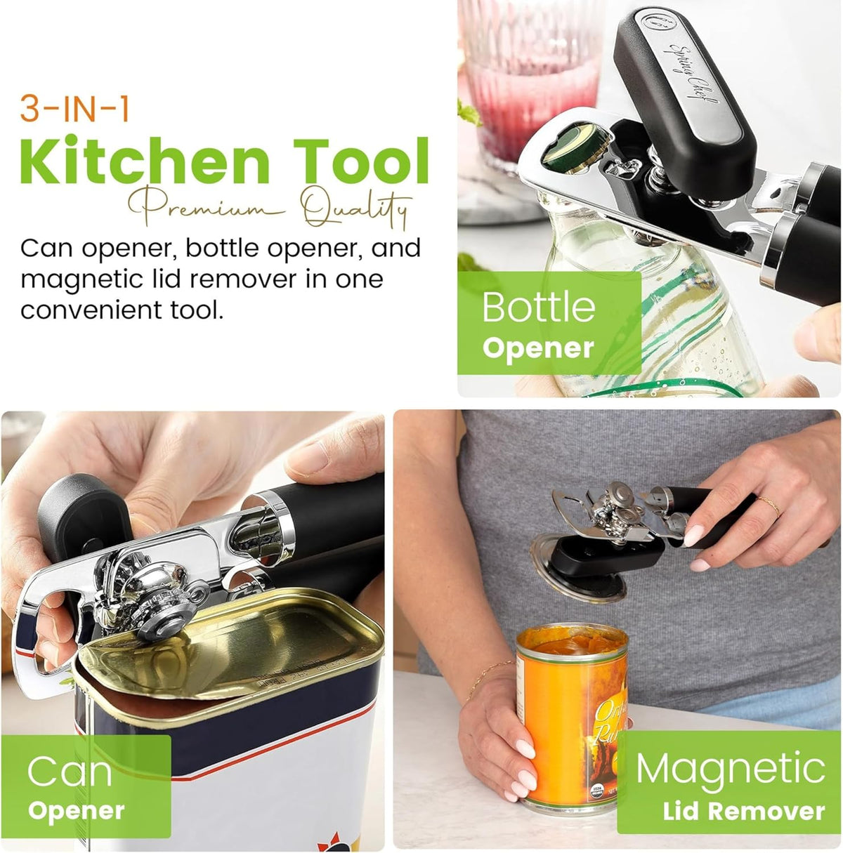 Stainless Steel Manual Can Opener with Soft Grip Handles, Black