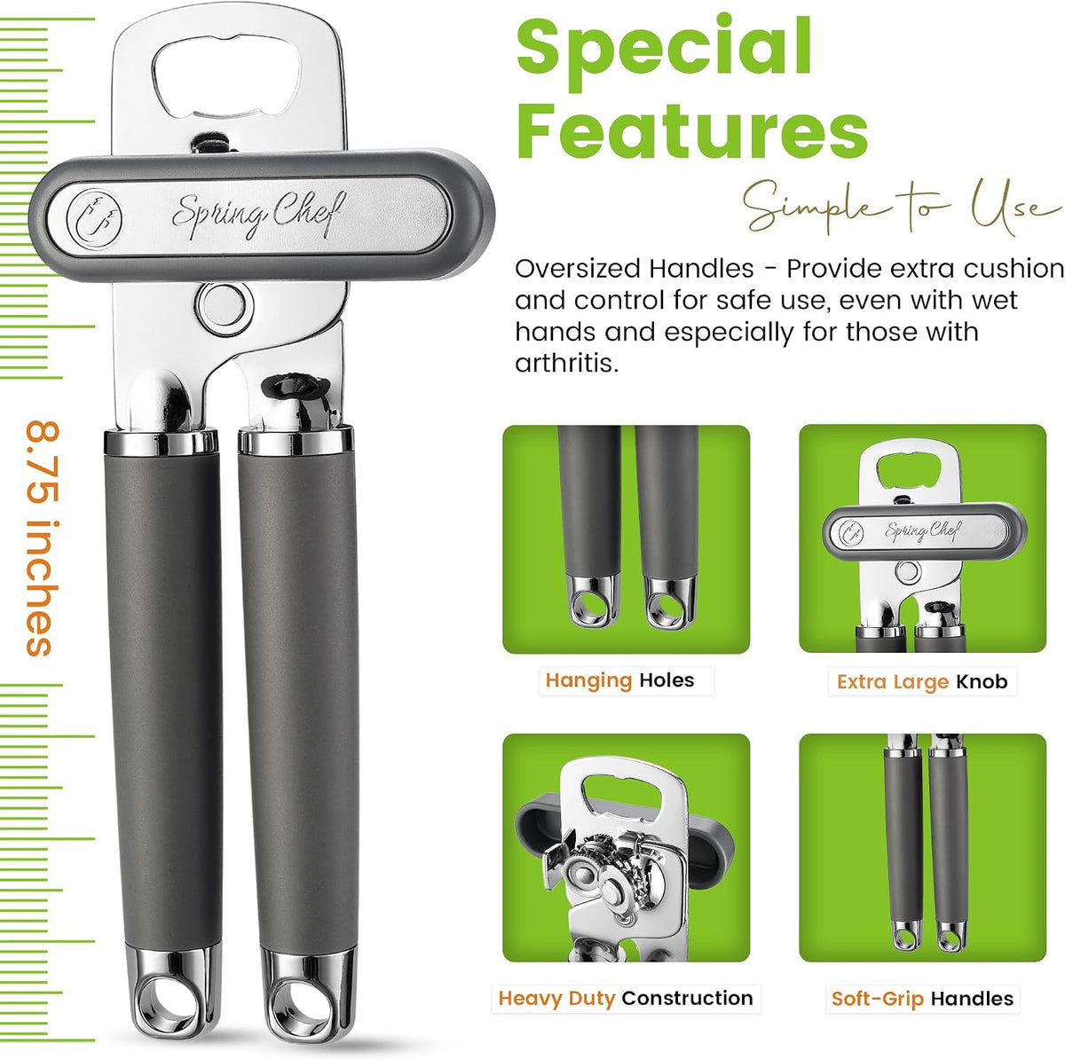 Stainless Steel Manual Can Opener with Soft Grip Handles, Black