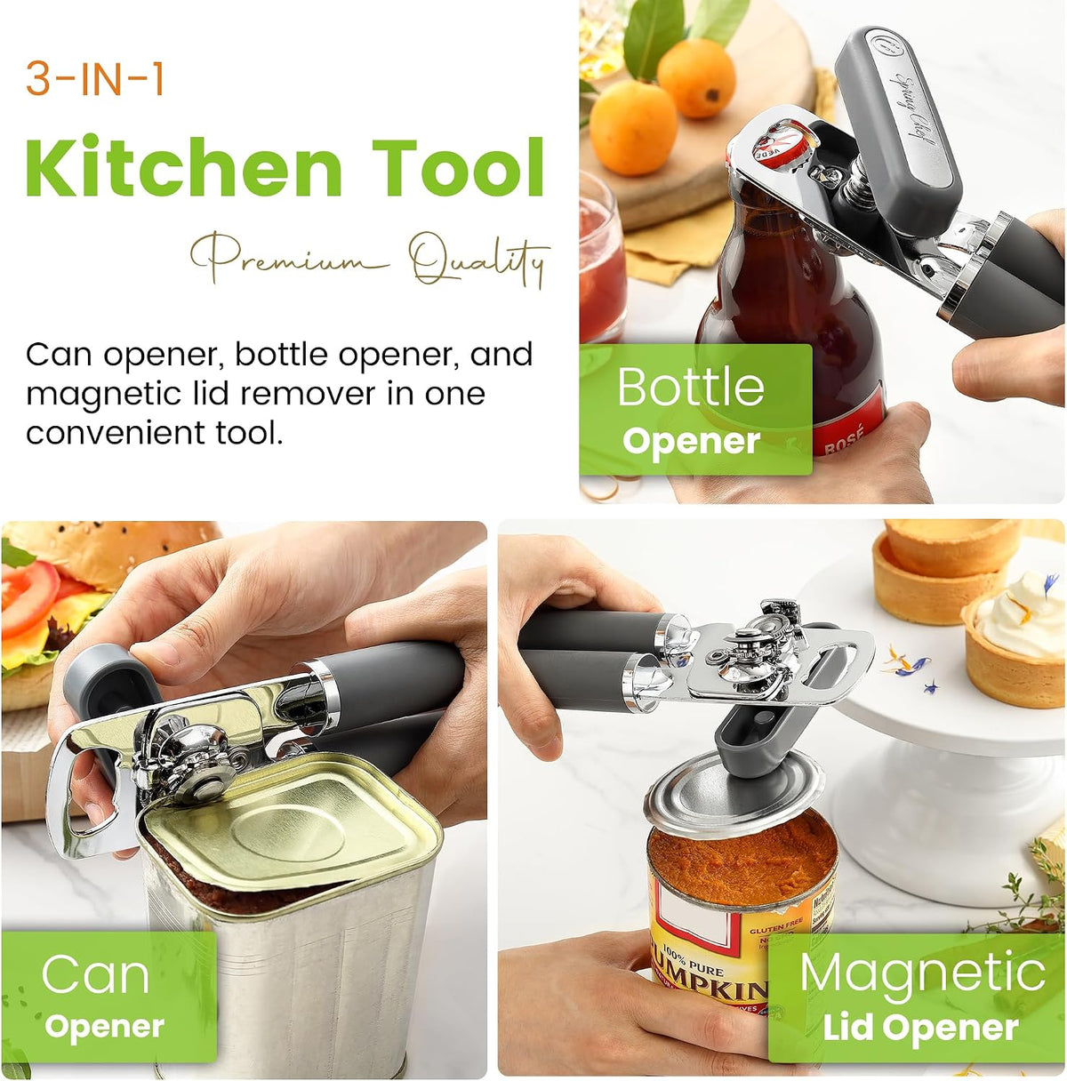 Stainless Steel Manual Can Opener with Soft Grip Handles, Black