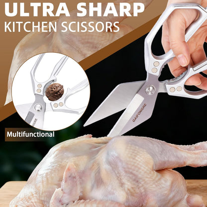 Heavy Duty Kitchen Scissors, Sharp Multifunctional Shears for Food with Full Metal Construction, Dishwasher Safe, Ergonomic Handle for Cutting Poultry, Meat, Fish, Herbs