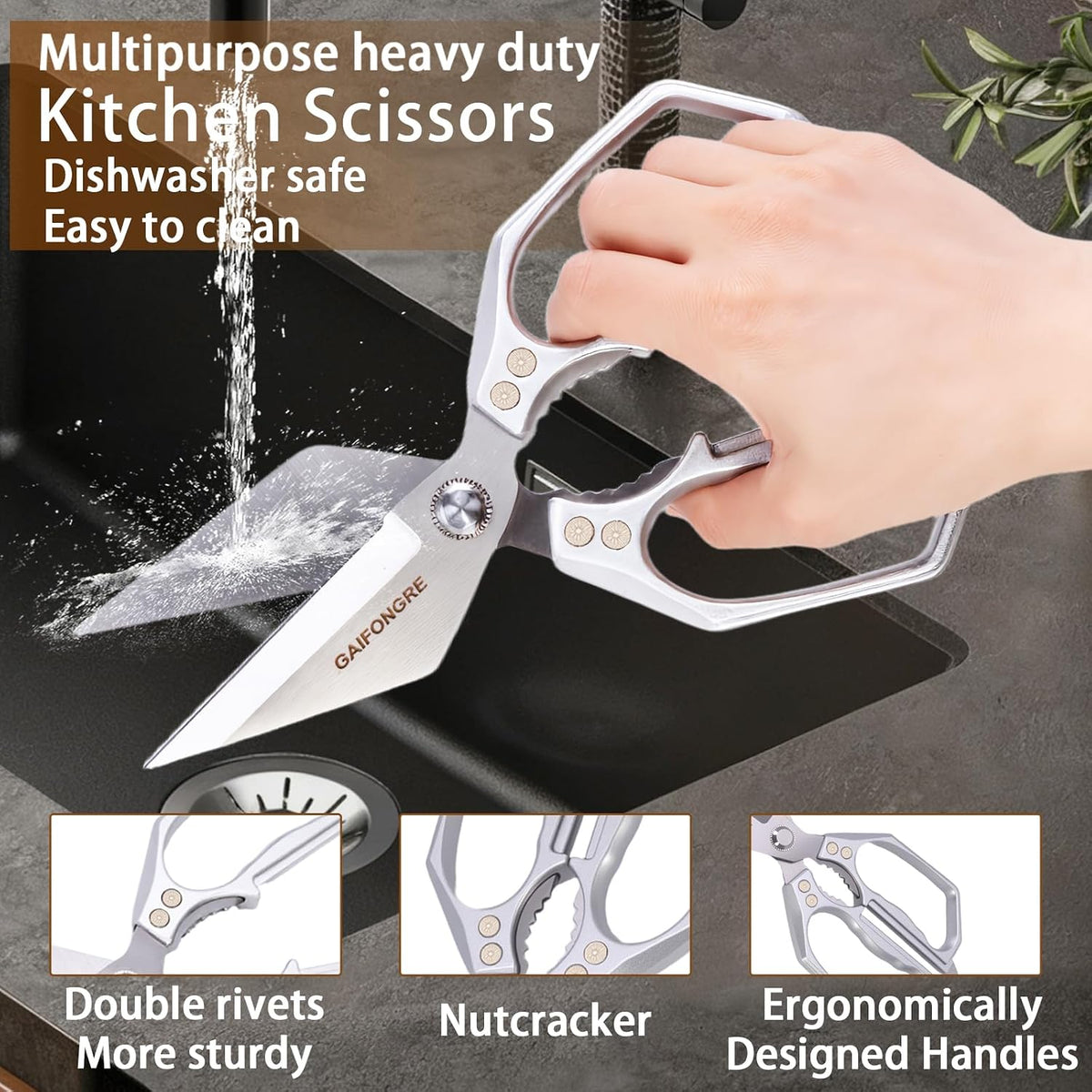 Heavy Duty Kitchen Scissors, Sharp Multifunctional Shears for Food with Full Metal Construction, Dishwasher Safe, Ergonomic Handle for Cutting Poultry, Meat, Fish, Herbs