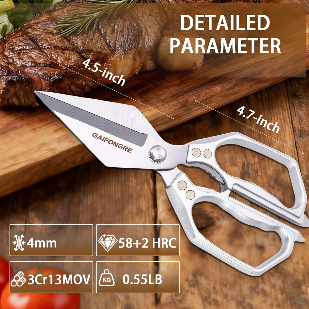 Heavy Duty Kitchen Scissors, Sharp Multifunctional Shears for Food with Full Metal Construction, Dishwasher Safe, Ergonomic Handle for Cutting Poultry, Meat, Fish, Herbs