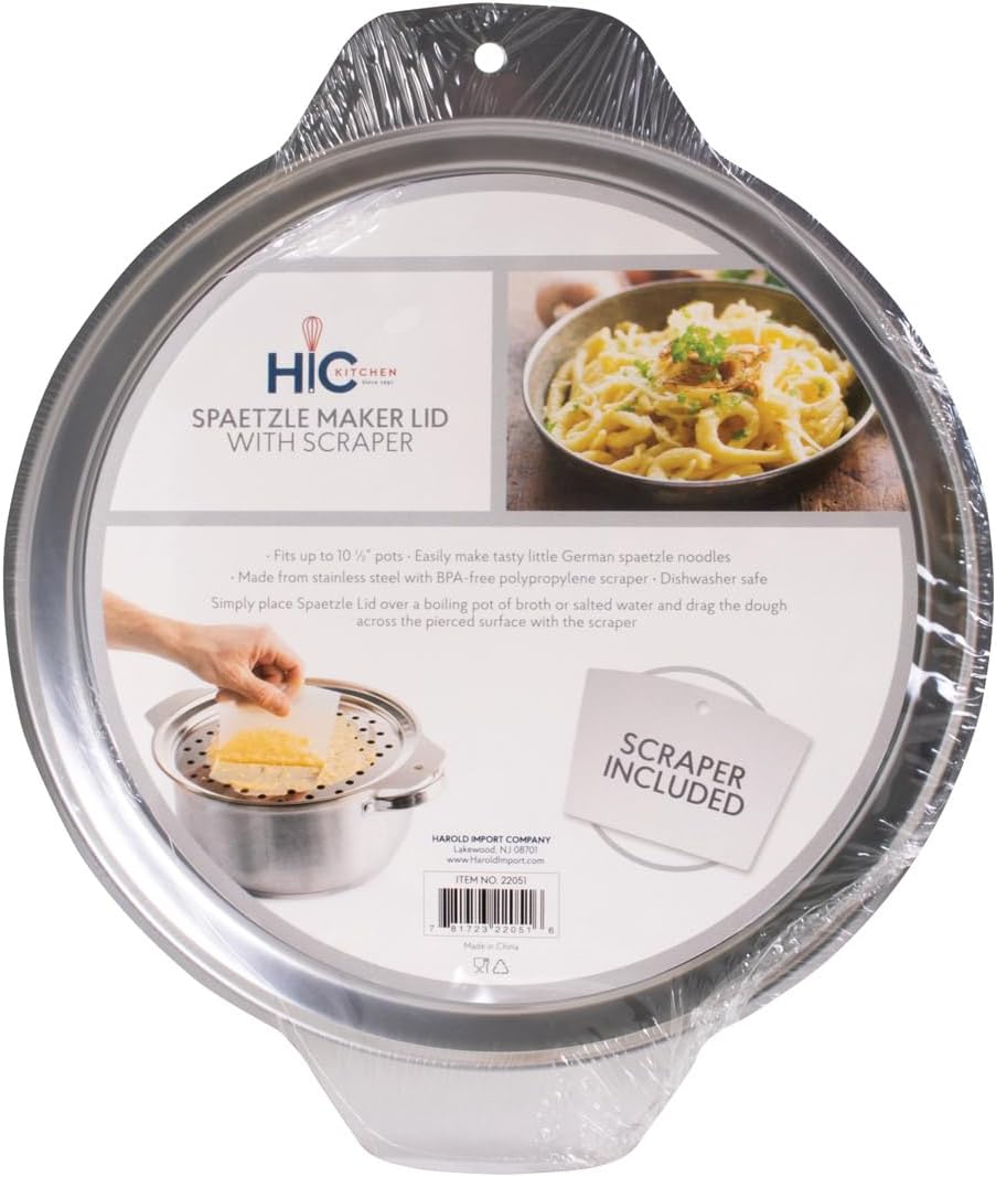Kitchen Spaetzle Noodle Dumpling Maker Lid with Scraper, Fits up to 10.5-Inch Pots