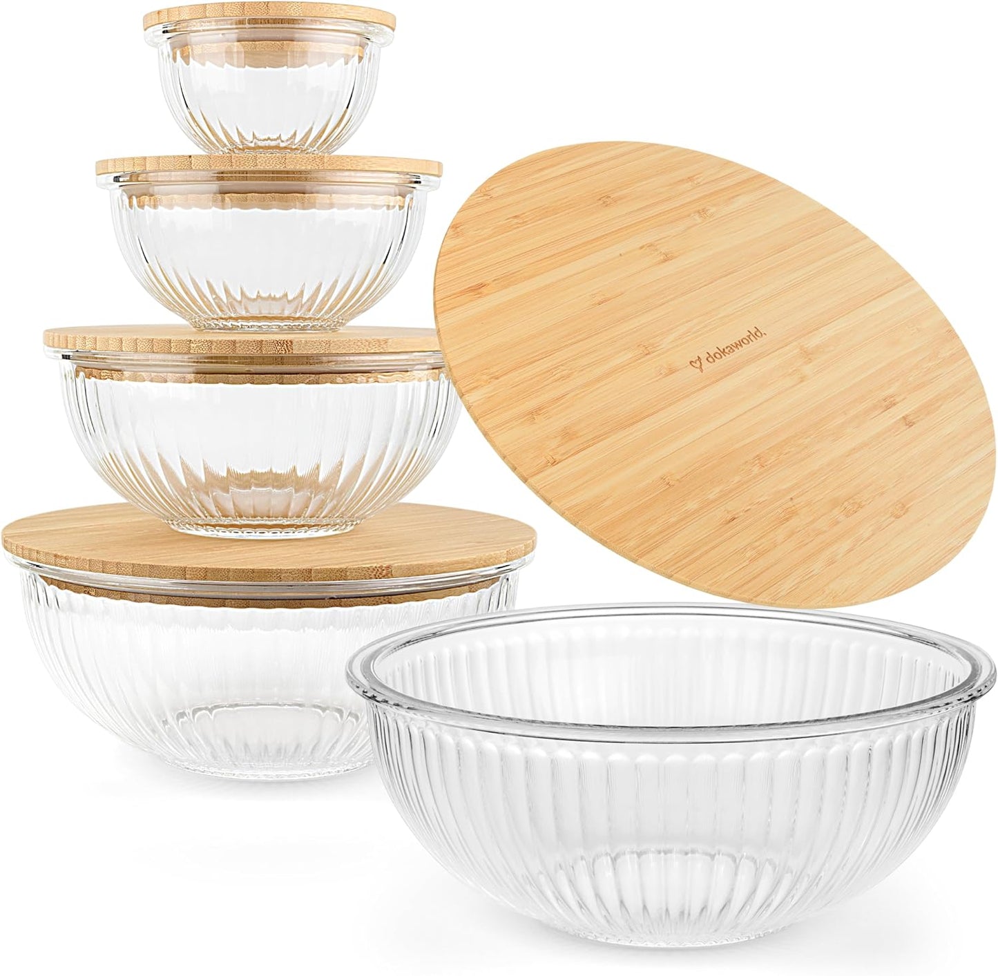 Set of 5 Nesting Glass Bowls with New Updated Acacia Lids for Foodprep, Storage, Mixing & Cooking - Microwave & Oven-ready BPA Free Durable Heat Resistant Inert Borosilicate Glass