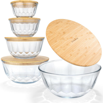 Set of 5 Nesting Glass Bowls with New Updated Acacia Lids for Foodprep, Storage, Mixing & Cooking - Microwave & Oven-ready BPA Free Durable Heat Resistant Inert Borosilicate Glass