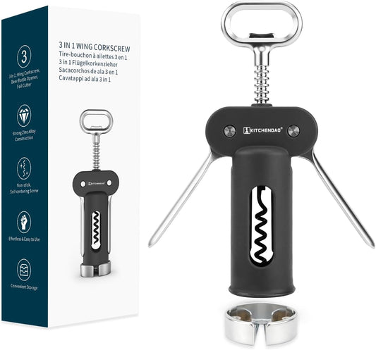 Luxury 3 in 1 Wine Opener with Foil Cutter, Beer Bottle Opener, Sturdy Zinc Alloy Wing Corkscrew with Self-centering Non-stick Sharp Screw, Easy to Remove Cork, Manual Corkscrew (Black)