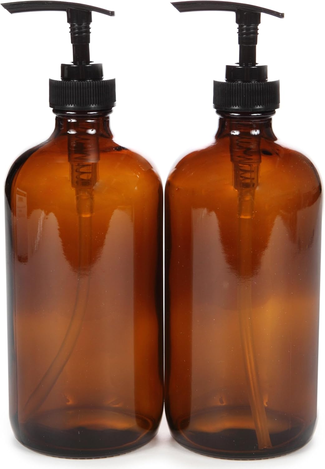 Large 16 oz Amber Glass Bottles with Black Lotion Pumps - 2 pk