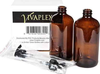 Large 16 oz Amber Glass Bottles with Black Lotion Pumps - 2 pk
