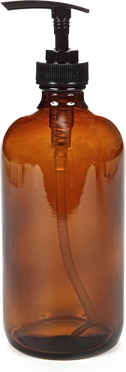 Large 16 oz Amber Glass Bottles with Black Lotion Pumps - 2 pk