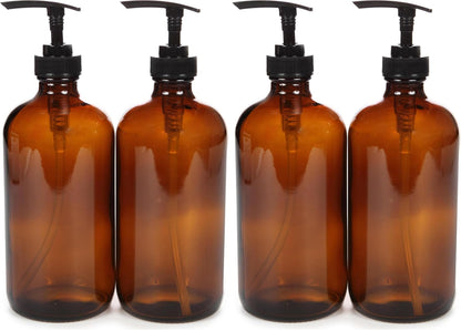 Large 16 oz Amber Glass Bottles with Black Lotion Pumps - 2 pk