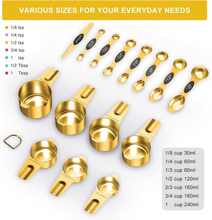 Gold Measuring Cups and Spoons Set of 15, 18/8 Stainless Steel, Includes 7 Nesting Metal Measuring Cups,8 Magnetic Measuring Spoons set - Ideal Kitchen Gadgets for Cooking and Baking Needs