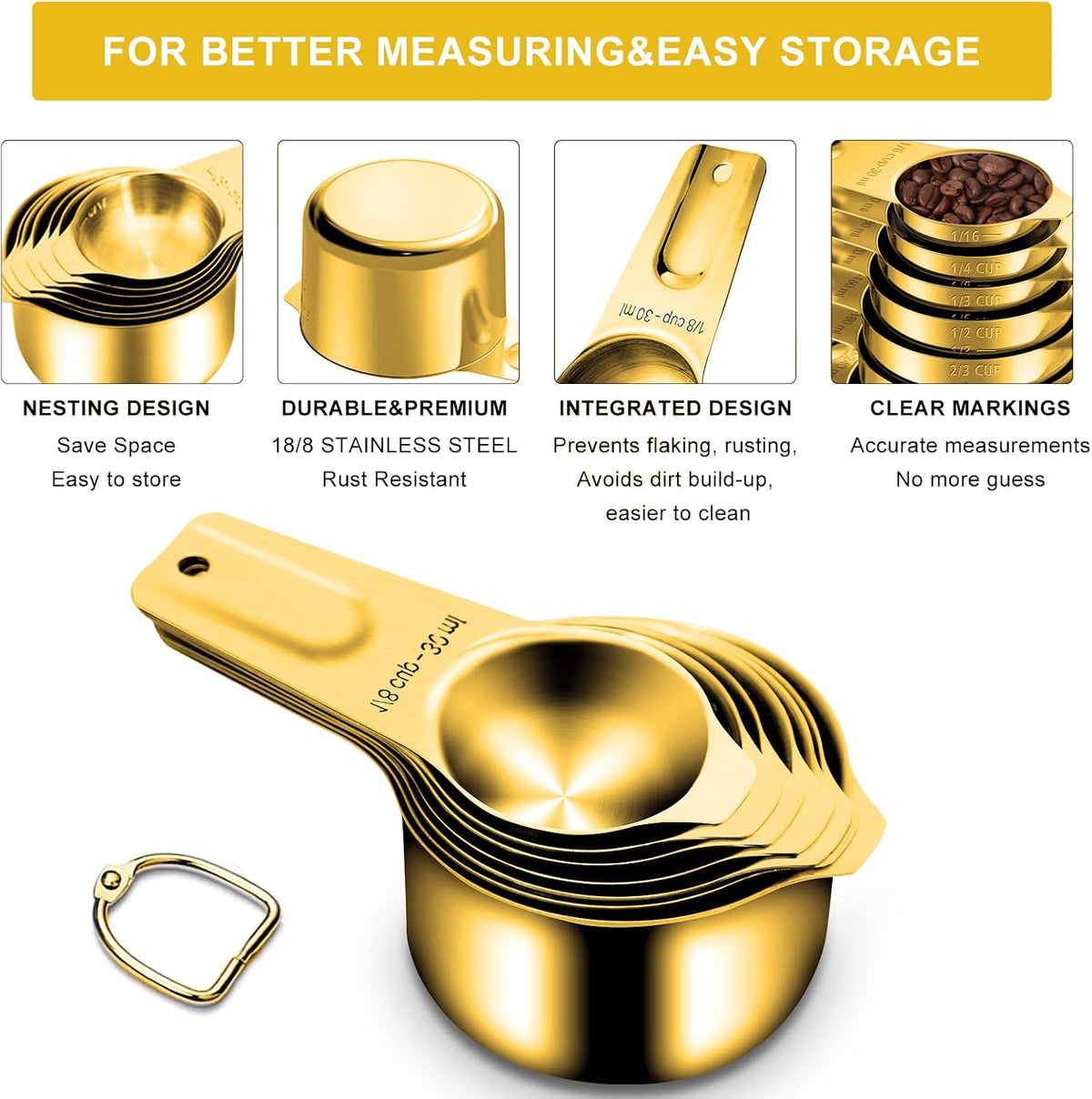Gold Measuring Cups and Spoons Set of 15, 18/8 Stainless Steel, Includes 7 Nesting Metal Measuring Cups,8 Magnetic Measuring Spoons set - Ideal Kitchen Gadgets for Cooking and Baking Needs