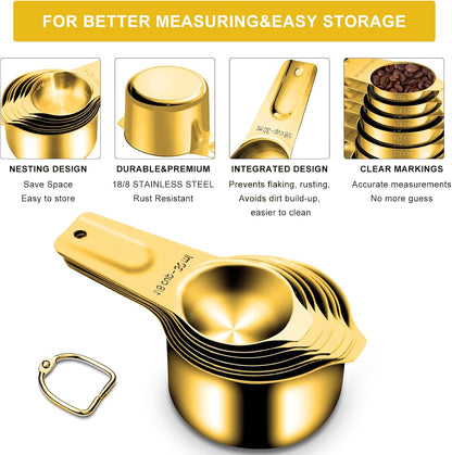 Gold Measuring Cups and Spoons Set of 15, 18/8 Stainless Steel, Includes 7 Nesting Metal Measuring Cups,8 Magnetic Measuring Spoons set - Ideal Kitchen Gadgets for Cooking and Baking Needs