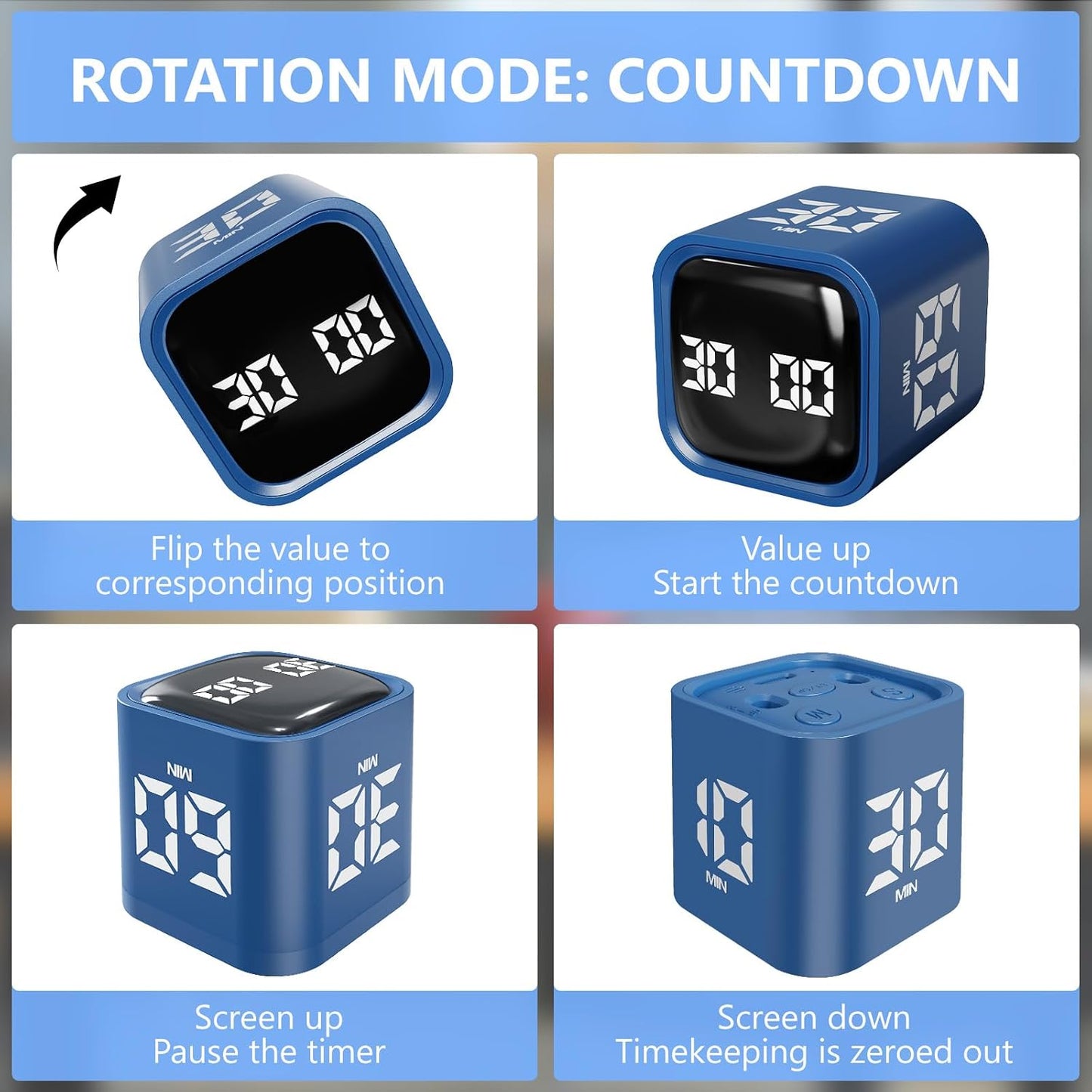 Multi-Function Cube Timer, 5/10/30/60 Min & Custom Count Down, Included Pause & Resume Feature, Silent, Vibrate & Adjustable Sound Alarm for Productivity in Tasks, Study & Kitchen, Purple