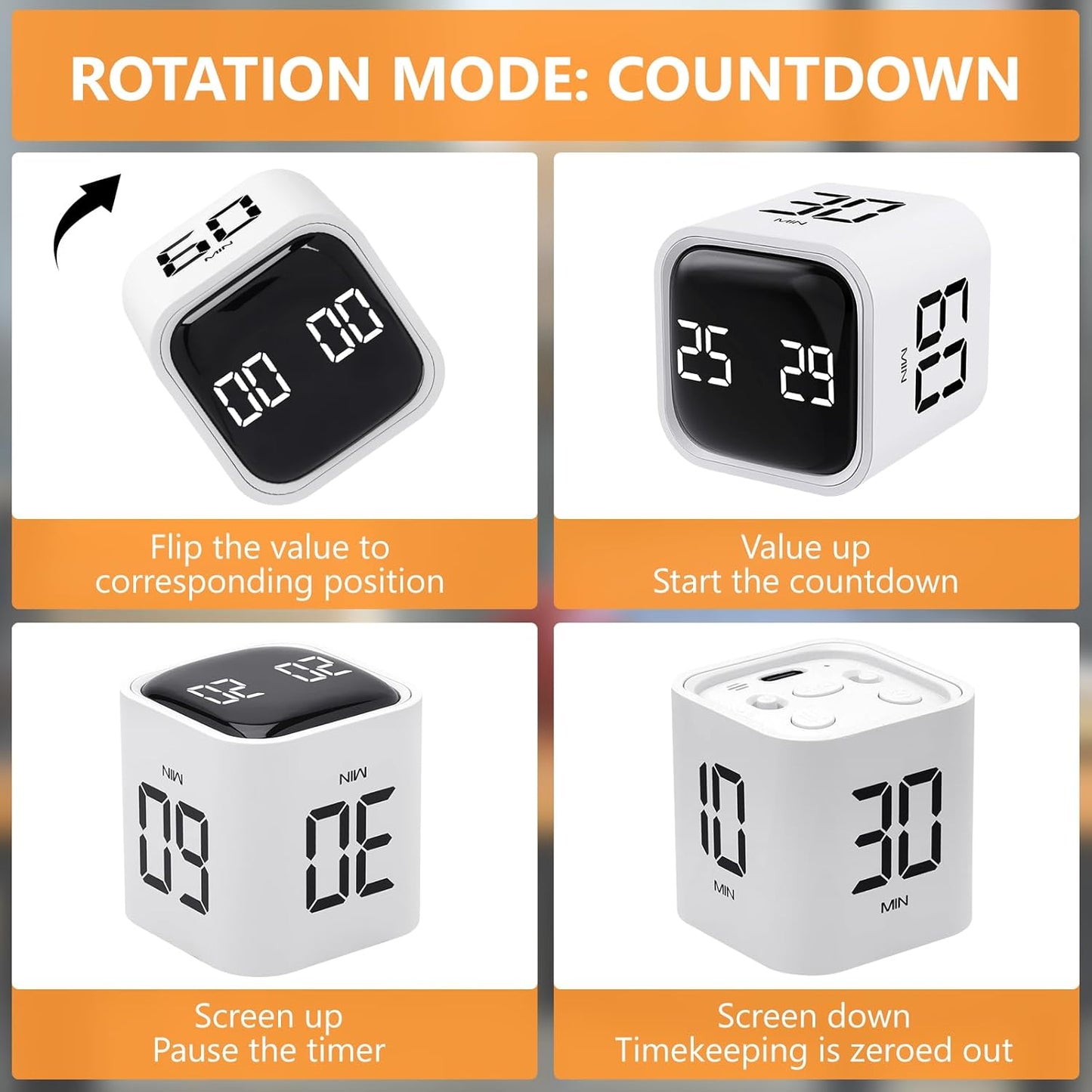 Multi-Function Cube Timer, 5/10/30/60 Min & Custom Count Down, Included Pause & Resume Feature, Silent, Vibrate & Adjustable Sound Alarm for Productivity in Tasks, Study & Kitchen, Purple
