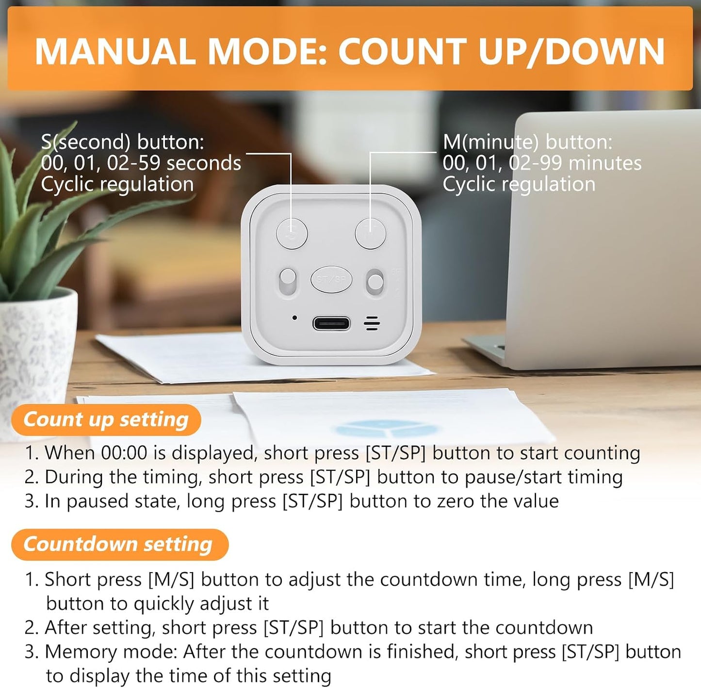 Multi-Function Cube Timer, 5/10/30/60 Min & Custom Count Down, Included Pause & Resume Feature, Silent, Vibrate & Adjustable Sound Alarm for Productivity in Tasks, Study & Kitchen, Purple