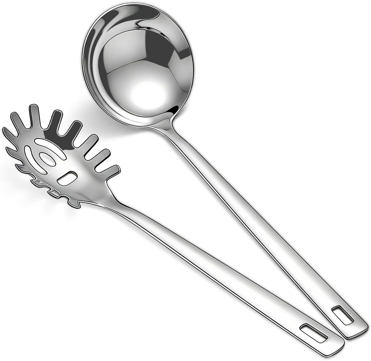 Kitchen Ladle Spoon and Spaghetti Spoon Set 2 pieces, Pasta Spoon Stainless Steel Kitchen Utensils for Cooking, Stirring, Serving Spaghetti, Soup, Sauce, Dishwasher Safe