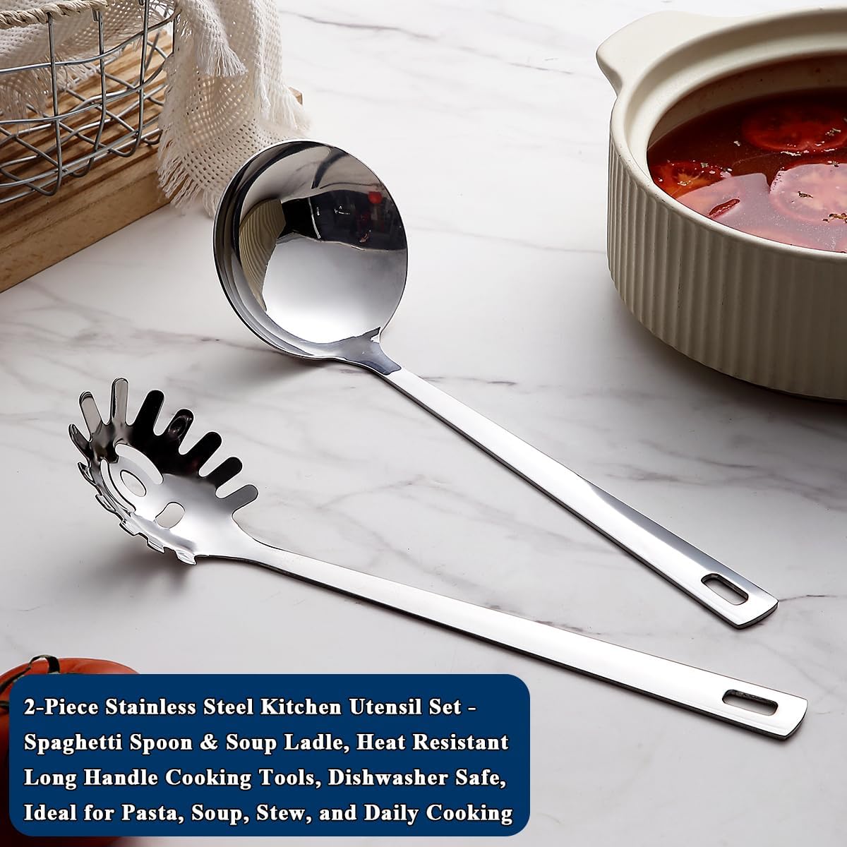 Kitchen Ladle Spoon and Spaghetti Spoon Set 2 pieces, Pasta Spoon Stainless Steel Kitchen Utensils for Cooking, Stirring, Serving Spaghetti, Soup, Sauce, Dishwasher Safe