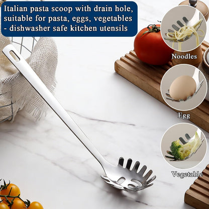 Kitchen Ladle Spoon and Spaghetti Spoon Set 2 pieces, Pasta Spoon Stainless Steel Kitchen Utensils for Cooking, Stirring, Serving Spaghetti, Soup, Sauce, Dishwasher Safe
