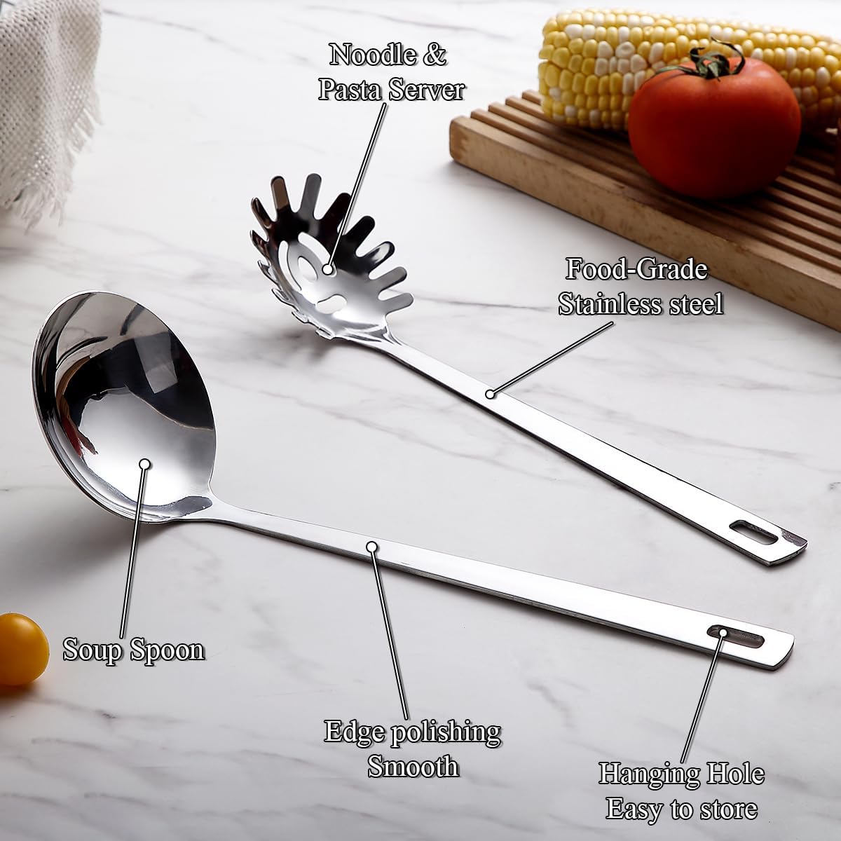 Kitchen Ladle Spoon and Spaghetti Spoon Set 2 pieces, Pasta Spoon Stainless Steel Kitchen Utensils for Cooking, Stirring, Serving Spaghetti, Soup, Sauce, Dishwasher Safe