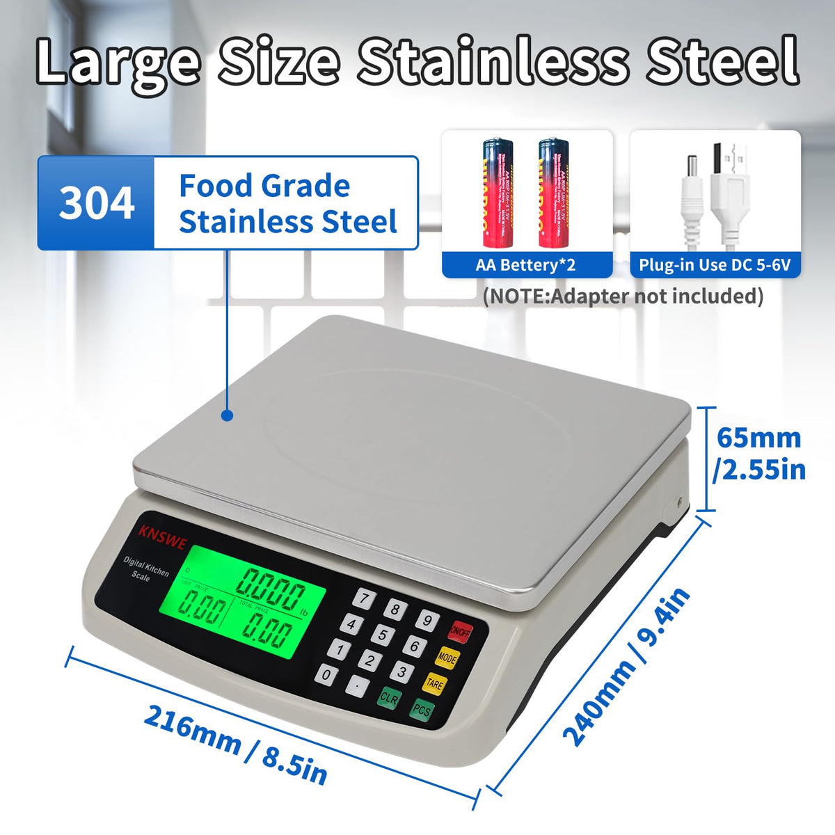 Large Kitchen Scale Black 40KG/88LB Commercial Food Scales Digital Weight for Cooking Meat Baking Bread Price Computing 304 Stainless Steel with Parts Counting Deli Stores Tare Function