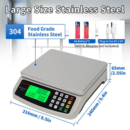 Large Kitchen Scale Black 40KG/88LB Commercial Food Scales Digital Weight for Cooking Meat Baking Bread Price Computing 304 Stainless Steel with Parts Counting Deli Stores Tare Function