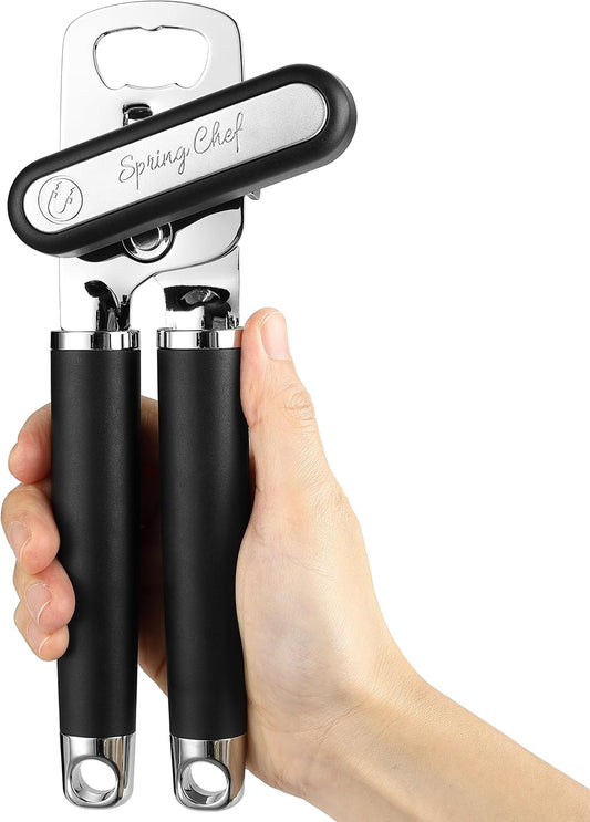 Stainless Steel Manual Can Opener with Soft Grip Handles, Black | Heavy Duty Hand Can Opener for Seniors with Smooth Edge, Easy Turn, 3in1 Can Opener with Magnetic Lid Remover & Bottle Opener