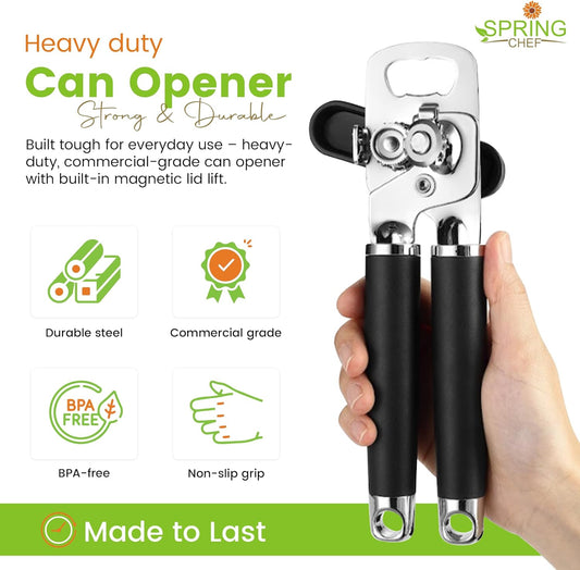 Stainless Steel Manual Can Opener with Soft Grip Handles, Black | Heavy Duty Hand Can Opener for Seniors with Smooth Edge, Easy Turn, 3in1 Can Opener with Magnetic Lid Remover & Bottle Opener