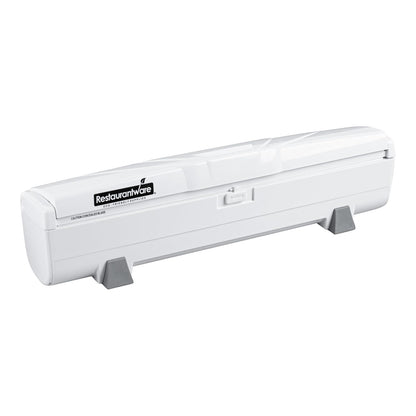 Chef 101 Food Wrap Dispenser with Cutter, 1 Refillable Cling Wrap Dispenser - Fits 12” to 18” x 1000’ Rolls, Press Down and Cut, White Plastic Aluminum Foil, Sharp Blade