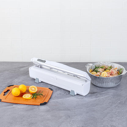 Chef 101 Food Wrap Dispenser with Cutter, 1 Refillable Cling Wrap Dispenser - Fits 12” to 18” x 1000’ Rolls, Press Down and Cut, White Plastic Aluminum Foil, Sharp Blade