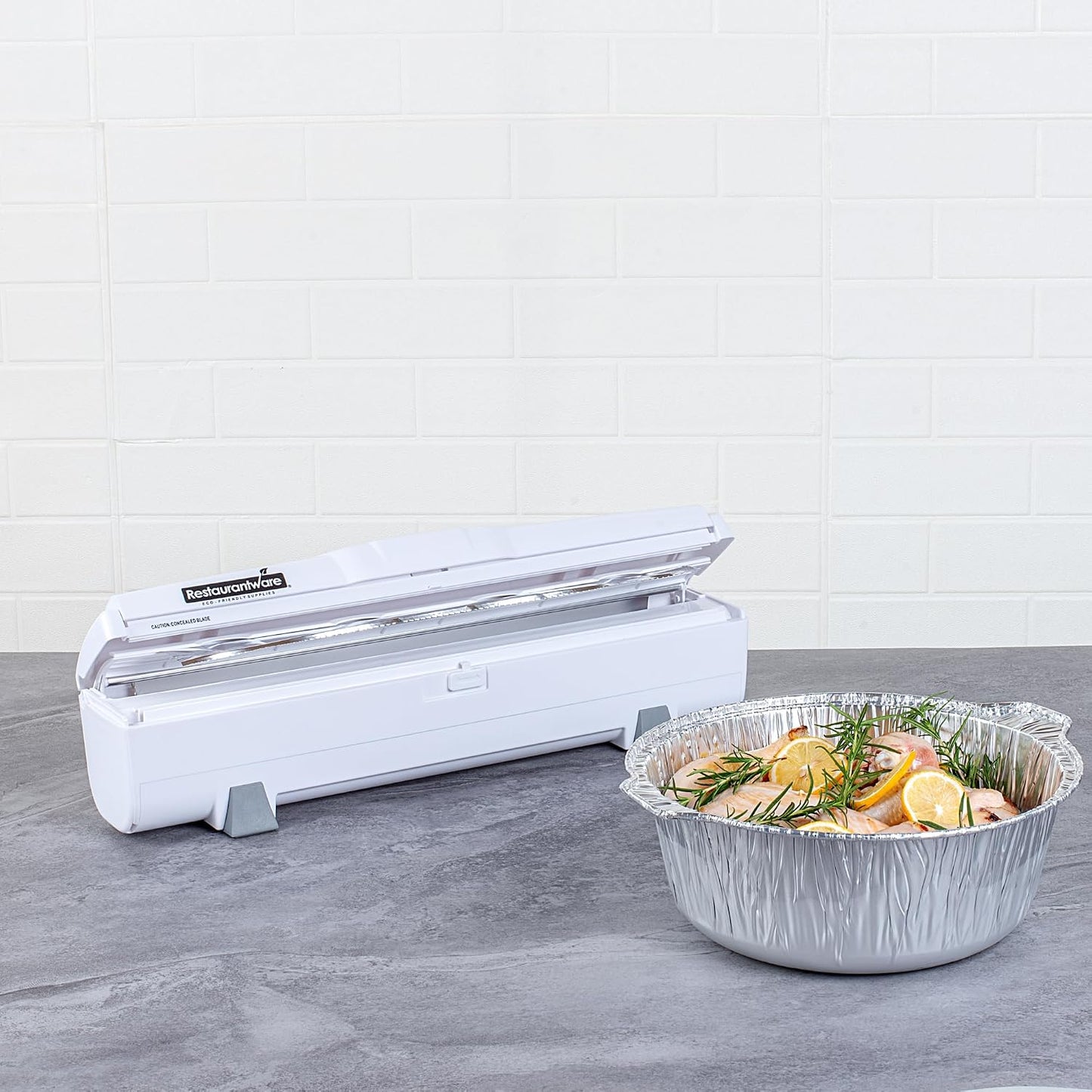 Chef 101 Food Wrap Dispenser with Cutter, 1 Refillable Cling Wrap Dispenser - Fits 12” to 18” x 1000’ Rolls, Press Down and Cut, White Plastic Aluminum Foil, Sharp Blade