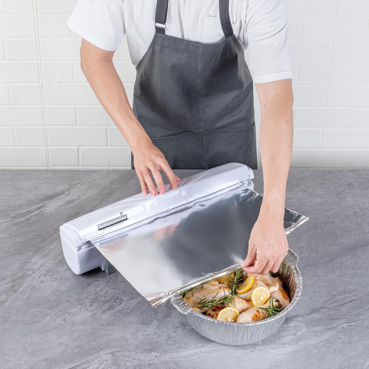 Chef 101 Food Wrap Dispenser with Cutter, 1 Refillable Cling Wrap Dispenser - Fits 12” to 18” x 1000’ Rolls, Press Down and Cut, White Plastic Aluminum Foil, Sharp Blade