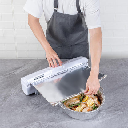 Chef 101 Food Wrap Dispenser with Cutter, 1 Refillable Cling Wrap Dispenser - Fits 12” to 18” x 1000’ Rolls, Press Down and Cut, White Plastic Aluminum Foil, Sharp Blade