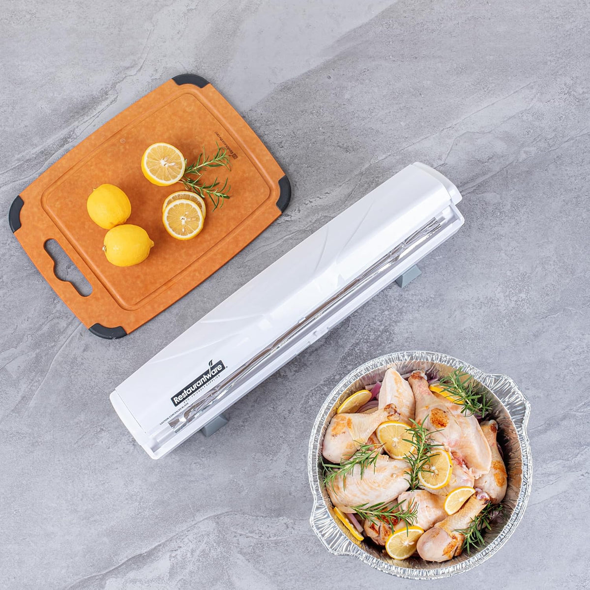 Chef 101 Food Wrap Dispenser with Cutter, 1 Refillable Cling Wrap Dispenser - Fits 12” to 18” x 1000’ Rolls, Press Down and Cut, White Plastic Aluminum Foil, Sharp Blade