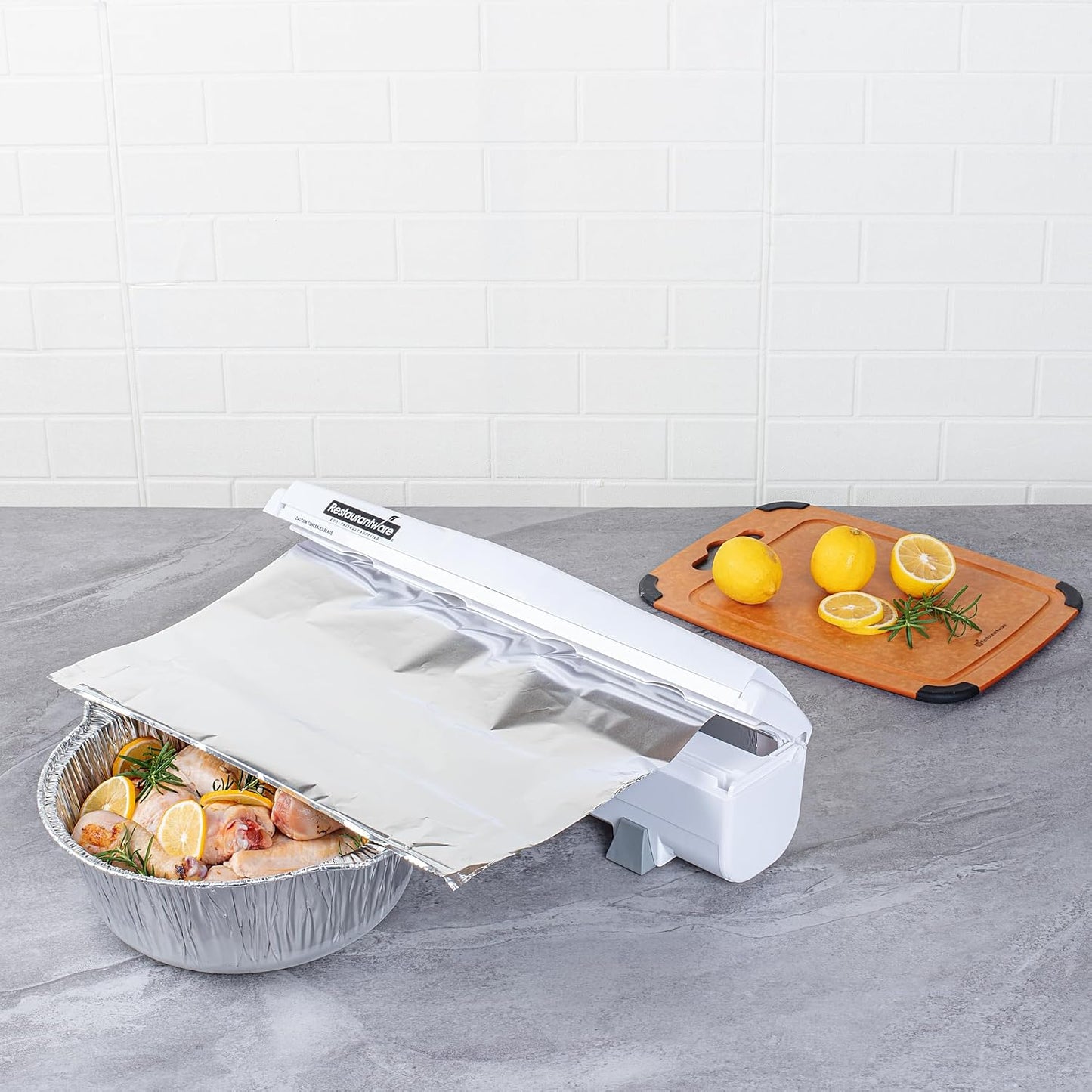Chef 101 Food Wrap Dispenser with Cutter, 1 Refillable Cling Wrap Dispenser - Fits 12” to 18” x 1000’ Rolls, Press Down and Cut, White Plastic Aluminum Foil, Sharp Blade