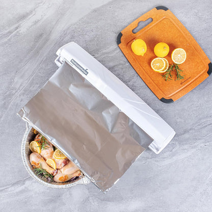 Chef 101 Food Wrap Dispenser with Cutter, 1 Refillable Cling Wrap Dispenser - Fits 12” to 18” x 1000’ Rolls, Press Down and Cut, White Plastic Aluminum Foil, Sharp Blade