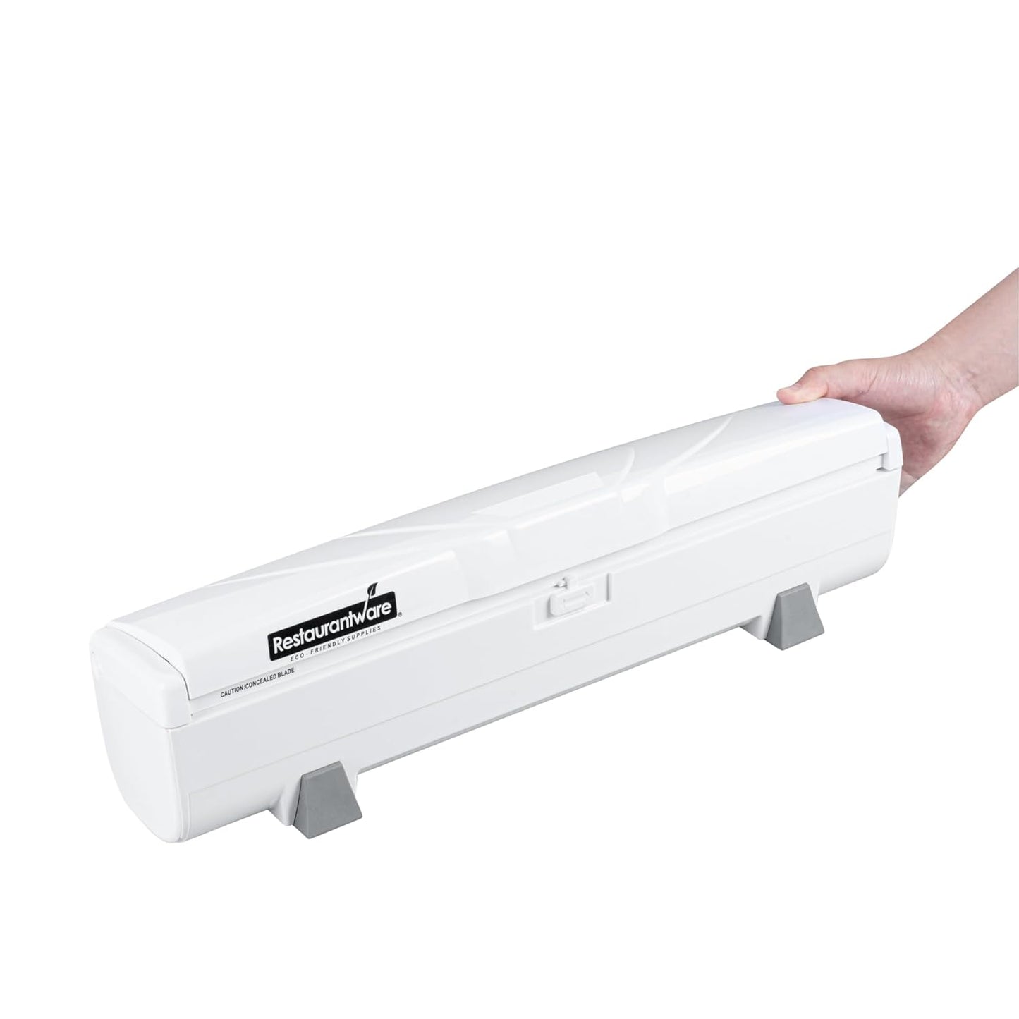 Chef 101 Food Wrap Dispenser with Cutter, 1 Refillable Cling Wrap Dispenser - Fits 12” to 18” x 1000’ Rolls, Press Down and Cut, White Plastic Aluminum Foil, Sharp Blade
