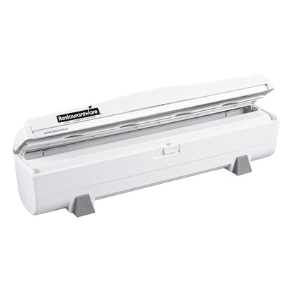 Chef 101 Food Wrap Dispenser with Cutter, 1 Refillable Cling Wrap Dispenser - Fits 12” to 18” x 1000’ Rolls, Press Down and Cut, White Plastic Aluminum Foil, Sharp Blade