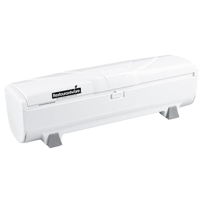 Chef 101 Food Wrap Dispenser with Cutter, 1 Refillable Cling Wrap Dispenser - Fits 12” to 18” x 1000’ Rolls, Press Down and Cut, White Plastic Aluminum Foil, Sharp Blade